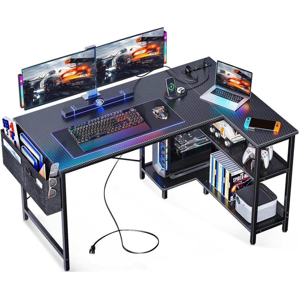 image:imageODK 48 Inch Small L Shaped Gaming Computer Desk with Power Outlets Corner Desk with Reversible Storage Shelves amp PC Stand for Small Space Modern Simple Home Office Table Carbon Fiber Surface BlackBlack Or Dark Grey