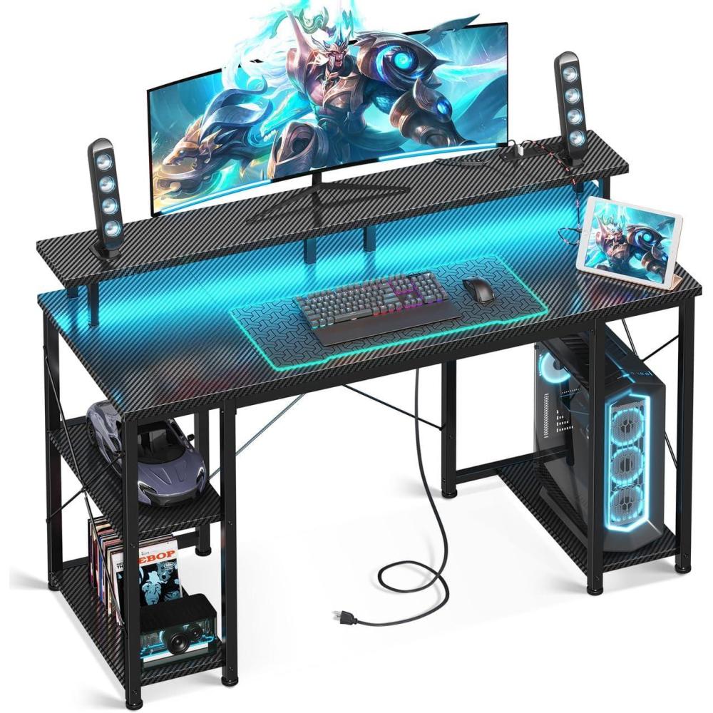 image:imageODK 48 inch Gaming Desk with LED Lights amp Power Outlets Computer Desk with Monitor Stand amp Storage Shelves CPU Stand Home Office Desk BlackCarbon Fiber Black