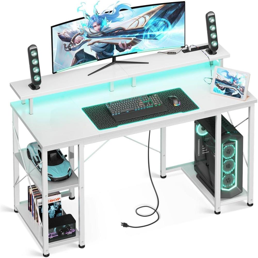 image:imageODK 48 inch Gaming Desk with LED Lights amp Power Outlets Computer Desk with Monitor Stand amp Storage Shelves CPU Stand Home Office Desk BlackWhite