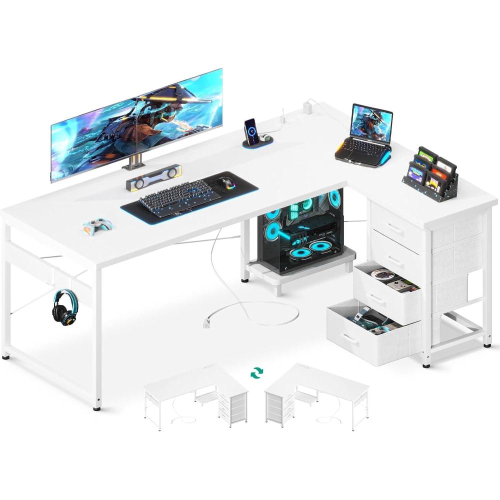 image:imageODK 61 L Shaped Desk with 4 Drawers Reversible Corner Desk with Storage Gaming Table with Power Outlets USB Ports Computer Desk for Home Office Study Easy Assembly Vintage BrownWhite