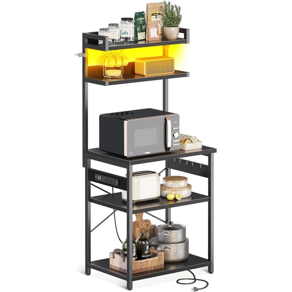 image:imageODK Bakers Rack with Power Outlet Coffee Bar with Storage 5Tiers Microwave Stand Kitchen rack 165  236  59 inches Kitchen Shelf Black