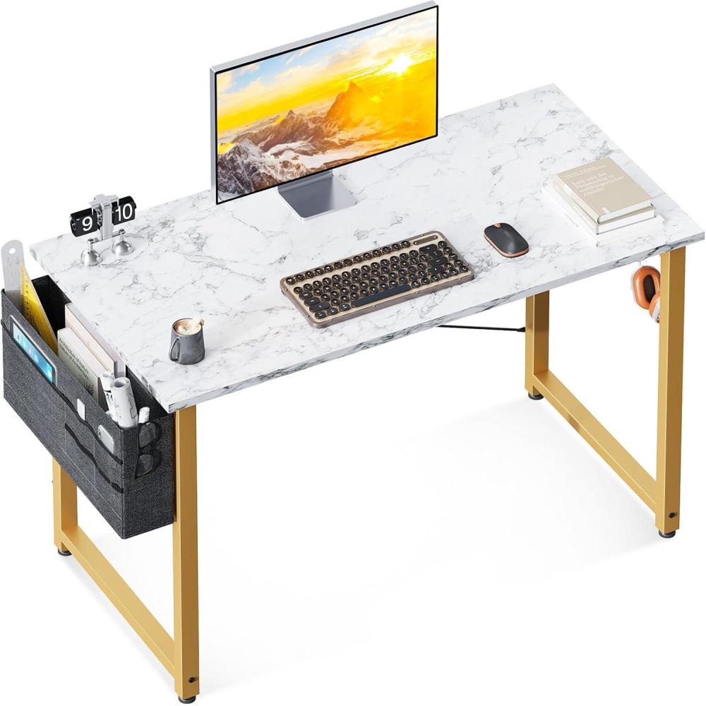 image:imageODK Computer Desk 40 Inch Small Study Desk Office Desk with Storage Work Table with Headphone Hook for Small Space Home Office White Marble  Gold Leg