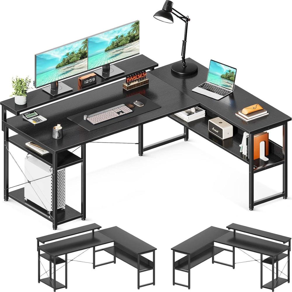 image:imageODK Corner Computer Desk 61 Reversible L Shaped With Storage Shelves amp Monitor Stand Home Office Gaming Writing Black