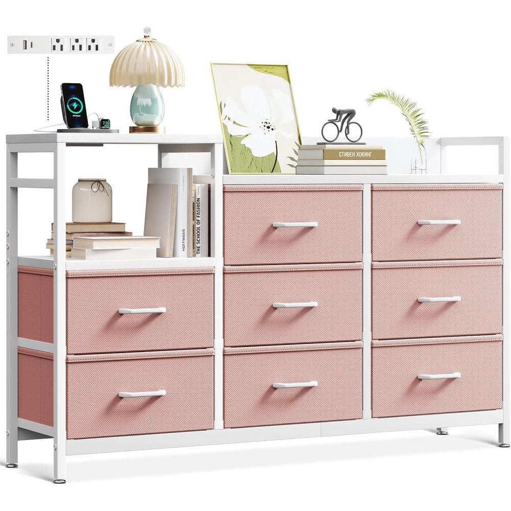 image:imageODK Dresser with Charging Station 52Inch Long Dresser for Bedroom with 8 Storage Drawers Fabric Dressers Chests of Drawers with Sturdy Steel Frame and Wooden Top Vintage and BlackWhite and Pink