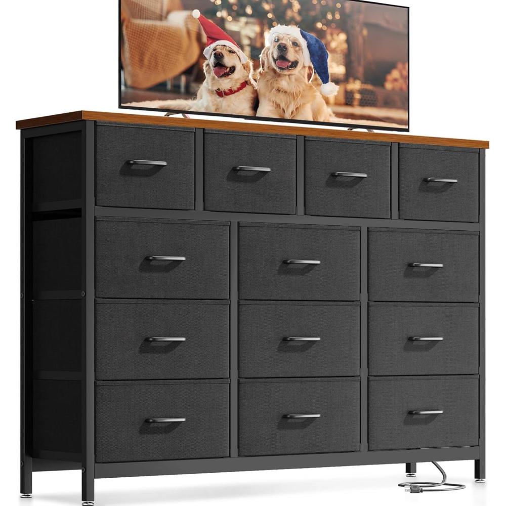 image:imageODK Dresser with Charging Station 57Inch Long Dresser TV Stand for Bedroom Large Dresser with 13 Storage Drawers Chest of Drawers EasyPull Fabric Dressers for Living Room Black and Vintage