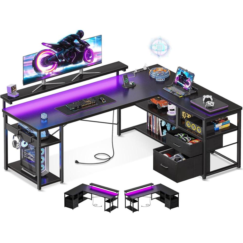 image:imageODK L Shaped Gaming Desk with File Drawers Reversible Computer Desk with Power Outlets amp LED Lights Home Office Desk with Storage Shelves 61 Inch Bedroom Corner Desk with Monitor Stand Black