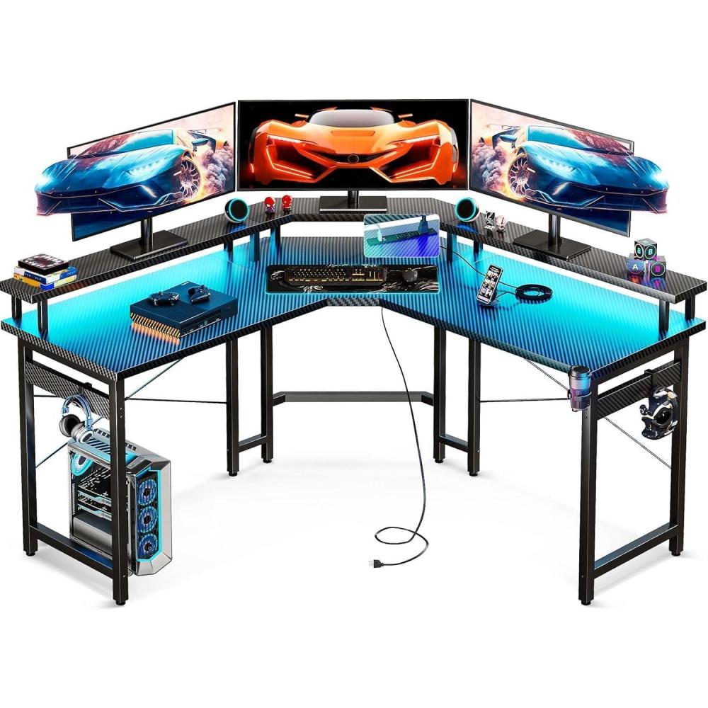 image:imageODK L Shaped Gaming Desk with LED Lights amp Power Outlets 51 Computer Desk with Full Monitor Stand Corner Desk with Cup Holder Gaming Table with Hooks Black Carbon Fiber