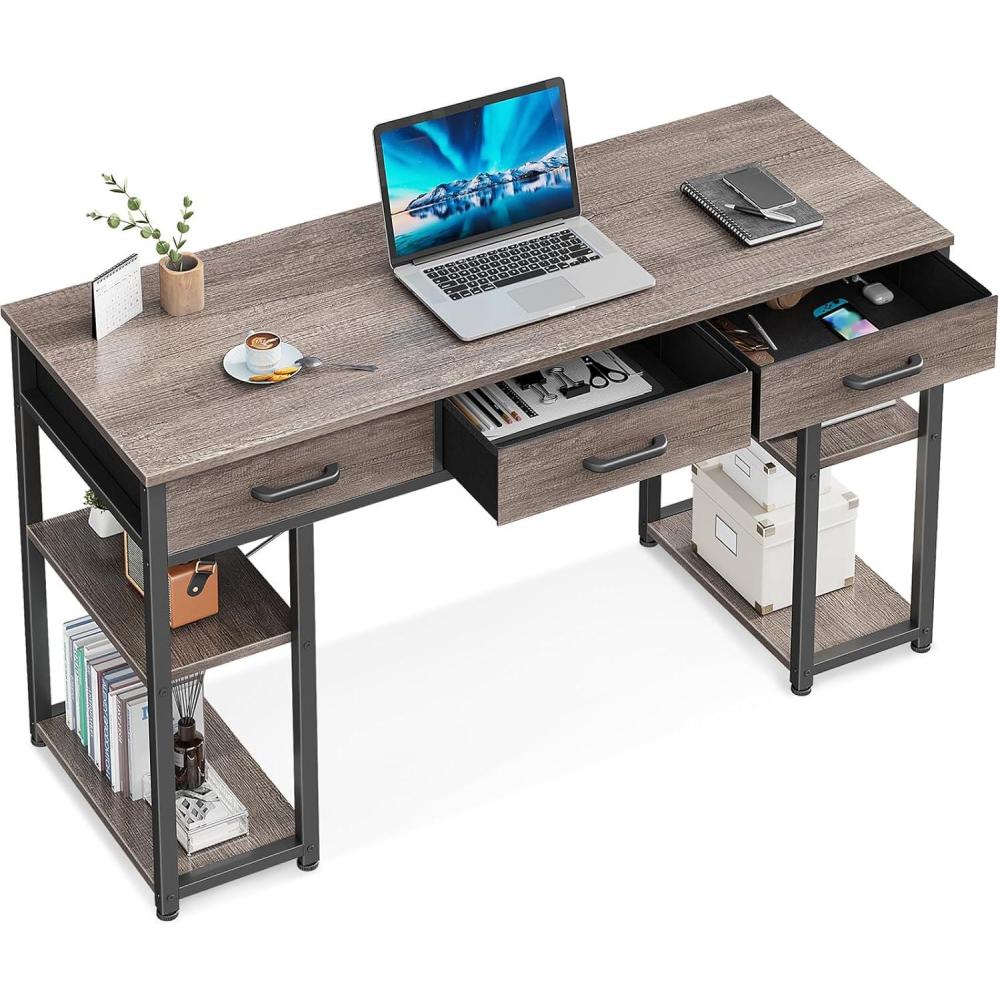 image:imageODK Office Small Computer Desk Home Table with Fabric Drawers amp Storage Shelves Modern Writing Desk White 48x16Grey Oak