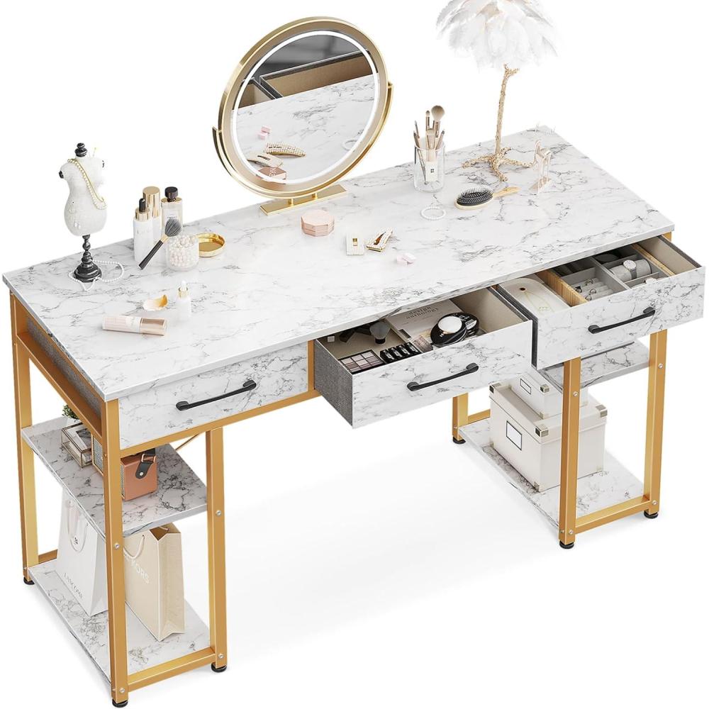 image:imageODK Office Small Computer Desk Home Table with Fabric Drawers amp Storage Shelves Modern Writing Desk White 48x16White Marble  Gold Leg No Mirror