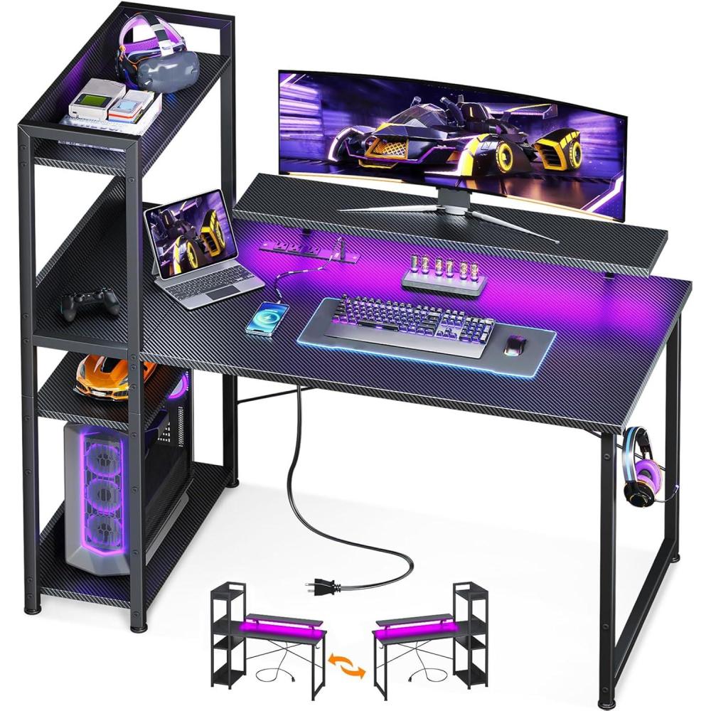 image:imageODK Reversible Gaming Desk LED Lights 40 Inch Computer Desk with Storage Shelves amp Monitor Stand Study Table for Home Office Small Space Bedroom Carbon Fiber BlackCarbon Fiber Black