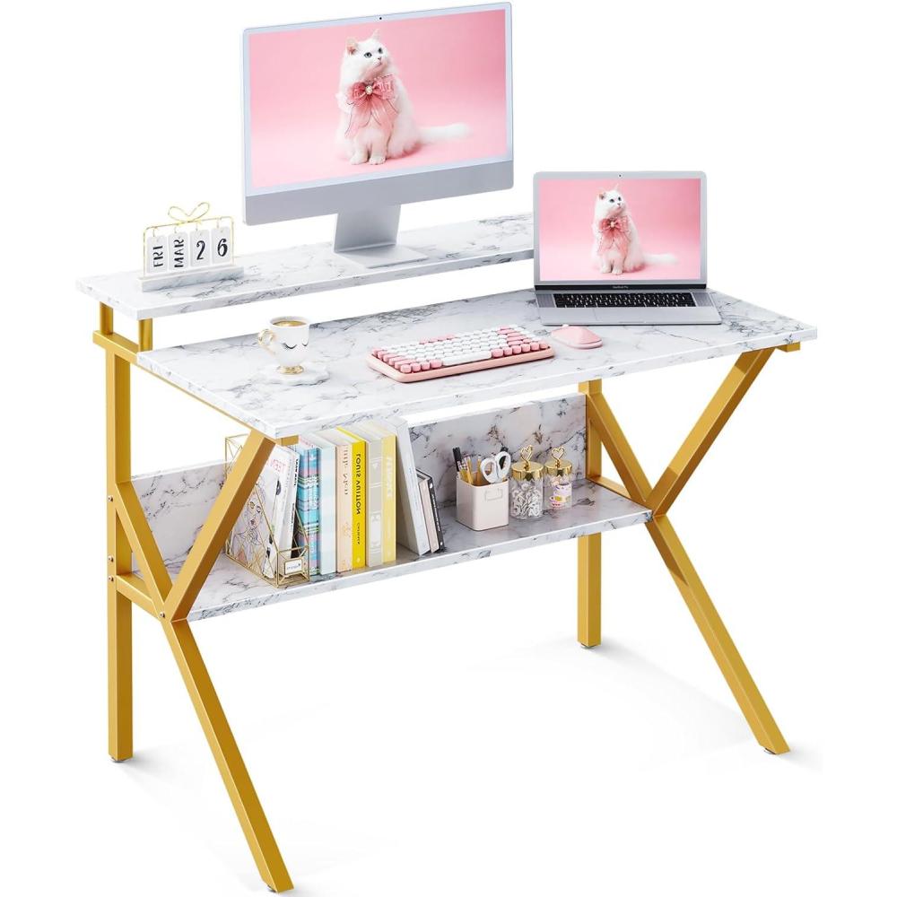 image:imageODK Small Desk 275 Inch Computer Desk for Small Spaces Kids Desk with Storage Study Table with Monitor Stand for Homeschool PinkWhite Marble