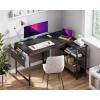 ODK 48 Inch Small L Shaped Gaming Computer Desk with Power Outlets, Corner Desk with Reversible Storage Shelves & PC Stand for Small Space, Modern Simple Home Office Table, Carbon Fiber Surface, Black(Black)