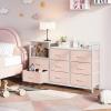 ODK Dresser with Charging Station, 52-Inch Long Dresser for Bedroom with 8 Storage Drawers, Fabric Dressers Chests of Drawers with Sturdy Steel Frame and Wooden Top, Vintage and Black(White and Pink)