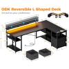 ODK L Shaped Gaming Desk with File Drawers, Reversible Computer Desk with Power Outlets & LED Lights, Home Office Desk with Storage Shelves, 61 Inch Bedroom Corner Desk with Monitor Stand, Black