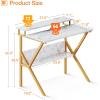 ODK Small Desk, 27.5 Inch Computer Desk for Small Spaces, Kids Desk with Storage, Study Table with Monitor Stand for Homeschool, Pink(White Marble)