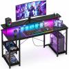 ODK 48 inch Gaming Desk with LED Lights & Power Outlets, Computer Desk with Monitor Stand & Storage Shelves, CPU Stand, Home Office Desk, Black(Black)