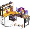 ODK 53 Inch L Shaped Desk with LED Lighting, Reversible Gaming Desk with Power Outlets, Cornor Computer Table with Storage Shelves & Bag & Iron Hook, Home Office Table for Writing, Study, Vintage(Vintage)