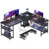 ODK 59″ L Shaped Desk with Power Outlet and USB Charging Ports, Reversible L Shaped Computer Desk with Storage Shelves, Home Office Desk, Gaming Desk, Corner Desk, Black