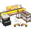 ODK L Shaped Desk with File Drawer, 66″ Reversible L Shaped Computer Desk with Power Outlet & LED Strip, Office Desk with Storage Shelves, Gaming Desk with Monitor Shelf, Corner Desk, Vintage(Vintage)