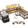 ODK L Shaped Desk with File Drawer, 66″ Reversible L Shaped Computer Desk with Power Outlet & LED Strip, Office Desk with Storage Shelves, Gaming Desk with Monitor Shelf, Corner Desk, Vintage(Vintage Brown)