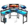 ODK L Shaped Gaming Desk with LED Lights & Power Outlets, 51″ Computer Desk with Full Monitor Stand, Corner Desk with Cup Holder, Gaming Table with Hooks, Black Carbon Fiber