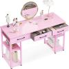ODK Office Small Computer Desk: Home Table with Fabric Drawers & Storage Shelves, Modern Writing Desk, White, 48″x16″(Pink (No Mirror))