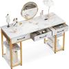 ODK Office Small Computer Desk: Home Table with Fabric Drawers & Storage Shelves, Modern Writing Desk, White, 48″x16″(White Marble + Gold Leg (No Mirror))