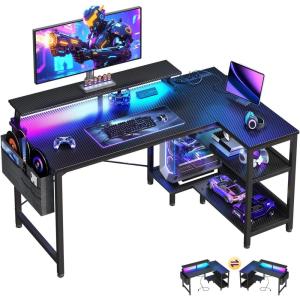 ODK 40 Inch Gaming Desk with USB Power Outlets and LED Lights, Reversible L Shaped Computer Desk with Storage Shelves & Monitor Stand, Corner Home Office Desk Table, Carbon Fiber Surface, Black(Carbon Fiber Surface  Black)