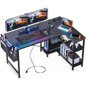 ODK 48 Inch Small L Shaped Gaming Computer Desk with Power Outlets, Corner Desk with Reversible Storage Shelves & PC Stand for Small Space, Modern Simple Home Office Table, Carbon Fiber Surface, Black(Black Or Dark Grey)