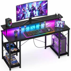 ODK 48 inch Gaming Desk with LED Lights & Power Outlets, Computer Desk with Monitor Stand & Storage Shelves, CPU Stand, Home Office Desk, Black(Black)