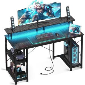 ODK 48 inch Gaming Desk with LED Lights & Power Outlets, Computer Desk with Monitor Stand & Storage Shelves, CPU Stand, Home Office Desk, Black(Carbon Fiber Black)