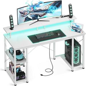 ODK 48 inch Gaming Desk with LED Lights & Power Outlets, Computer Desk with Monitor Stand & Storage Shelves, CPU Stand, Home Office Desk, Black(White)