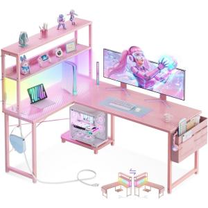 ODK 53 Inch L Shaped Desk with LED Lighting, Reversible Gaming Desk with Power Outlets, Cornor Computer Table with Storage Shelves & Bag & Iron Hook, Home Office Table for Writing, Study, Vintage(Pink)