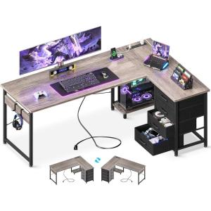 ODK 59″ L Shaped Desk with Power Outlet and USB Charging Ports, Reversible L Shaped Computer Desk with Storage Shelves, Home Office Desk, Gaming Desk, Corner Desk, Grey Oak