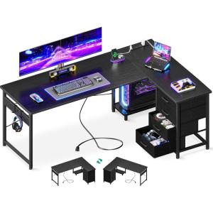 ODK 61” L Shaped Desk with 4 Drawers, Reversible Corner Desk with Storage, Gaming Table with Power Outlets, USB Ports, Computer Desk for Home Office, Study, Easy Assembly, Vintage Brown(Black)