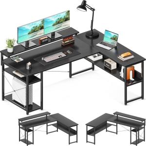 ODK Corner Computer Desk, 61″ Reversible L Shaped With Storage Shelves & Monitor Stand, Home Office, Gaming, Writing, Black