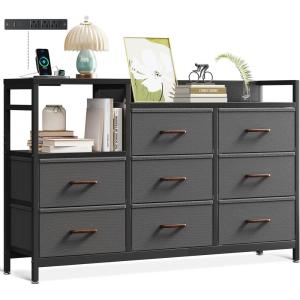 ODK Dresser with Charging Station, 52-Inch Long Dresser for Bedroom with 8 Storage Drawers, Fabric Dressers Chests of Drawers with Sturdy Steel Frame and Wooden Top, Vintage and Black(Black and Dark Grey)