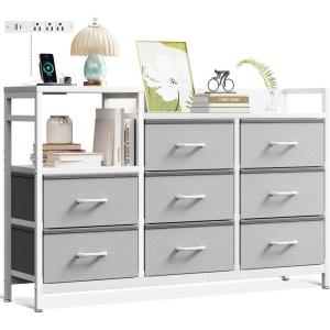 ODK Dresser with Charging Station, 52-Inch Long Dresser for Bedroom with 8 Storage Drawers, Fabric Dressers Chests of Drawers with Sturdy Steel Frame and Wooden Top, Vintage and Black(White and Light Grey)