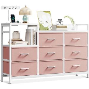 ODK Dresser with Charging Station, 52-Inch Long Dresser for Bedroom with 8 Storage Drawers, Fabric Dressers Chests of Drawers with Sturdy Steel Frame and Wooden Top, Vintage and Black(White and Pink)