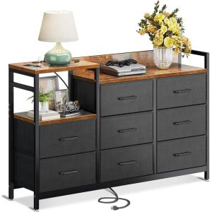 ODK Dresser with Charging Station, 52-Inch Long Dresser for Bedroom with 8 Storage Drawers, Fabric Dressers Chests of Drawers with Sturdy Steel Frame and Wooden Top, Vintage and Black(Vintage and Black)