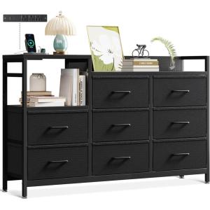 ODK Dresser with Charging Station, 52-Inch Long Dresser for Bedroom with 8 Storage Drawers, Fabric Dressers Chests of Drawers with Sturdy Steel Frame and Wooden Top, Vintage and Black(Black)