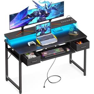 ODK Gaming Desk with Led Lights and Power Outlet, 48 Inch Computer Desk with Drawers and Keyboard Tray, PC Desk with Monitor Stand, Work Desk for Home Office, Black