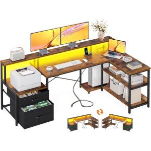 ODK L Shaped Desk with File Drawer, 66″ Reversible L Shaped Computer Desk with Power Outlet & LED Strip, Office Desk with Storage Shelves, Gaming Desk with Monitor Shelf, Corner Desk, Vintage(Vintage)