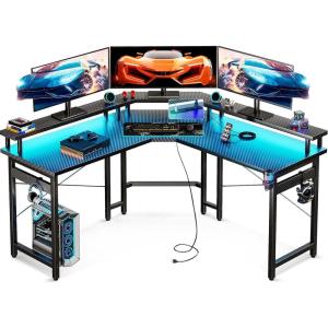 ODK L Shaped Gaming Desk with LED Lights & Power Outlets, 51″ Computer Desk with Full Monitor Stand, Corner Desk with Cup Holder, Gaming Table with Hooks, Black Carbon Fiber