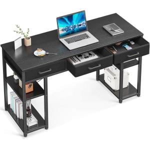 ODK Office Small Computer Desk: Home Table with Fabric Drawers & Storage Shelves, Modern Writing Desk, White, 48″x16″(Black)