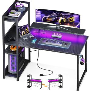 ODK Reversible Gaming Desk LED Lights, 40 Inch Computer Desk with Storage Shelves & Monitor Stand, Study Table for Home Office, Small Space Bedroom, Carbon Fiber Black(Carbon Fiber Black)