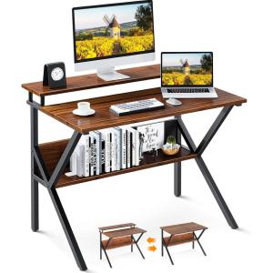 ODK Small Desk, 27.5 Inch Computer Desk for Small Spaces, Kids Desk with Storage, Study Table with Monitor Stand for Homeschool, Pink(Deep Brown)