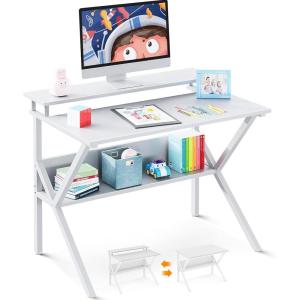 ODK Small Desk, 27.5 Inch Computer Desk for Small Spaces, Kids Desk with Storage, Study Table with Monitor Stand for Homeschool, Pink(Pure White)