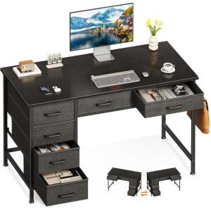ODK Computer Desk with 6 Drawers, 40 Inch Small Desk with Storage, Reversible Desk with Headphone Hook for Home Office, Work Study Table for Bedroom, White(Black)