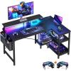 ODK 48 Inch Gaming Desk with USB Charging Ports and LED Lights, Reversible L Shaped Computer Desk with Storage Shelves & Monitor Stand, Corner Gamer Desk Table with Power Outlets, Black(Carbon Fiber Surface  Black)